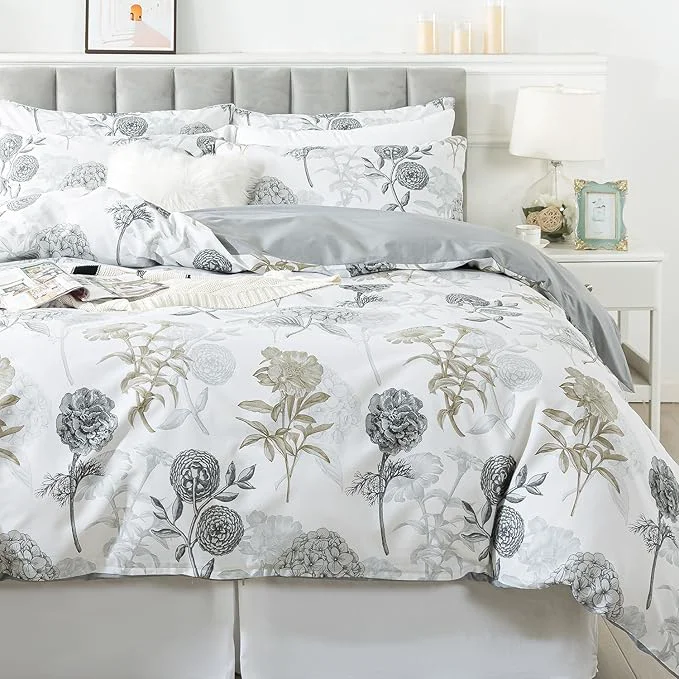 Sustainable FADFAY Floral Duvet Cover Sets Full Size Cotton Ink Grey Vintage Flower Patterned Hydrangea Comforter Cover Farmhouse Bedding for All Season Soft Crisp Luxury Bed Cover with Zipper 3 Pieces Optimized
