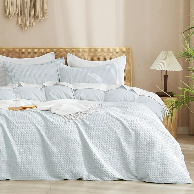 Fashionable PHF Waffle Weave Duvet Cover Set King Size 3 Piece Ultra Soft Breathable Durable Comforter Cover for All Season Waffle Textured Duvet Set with 2 Pillow Shams Bedding Collection 104 quot x90 quot Ice Blue Official