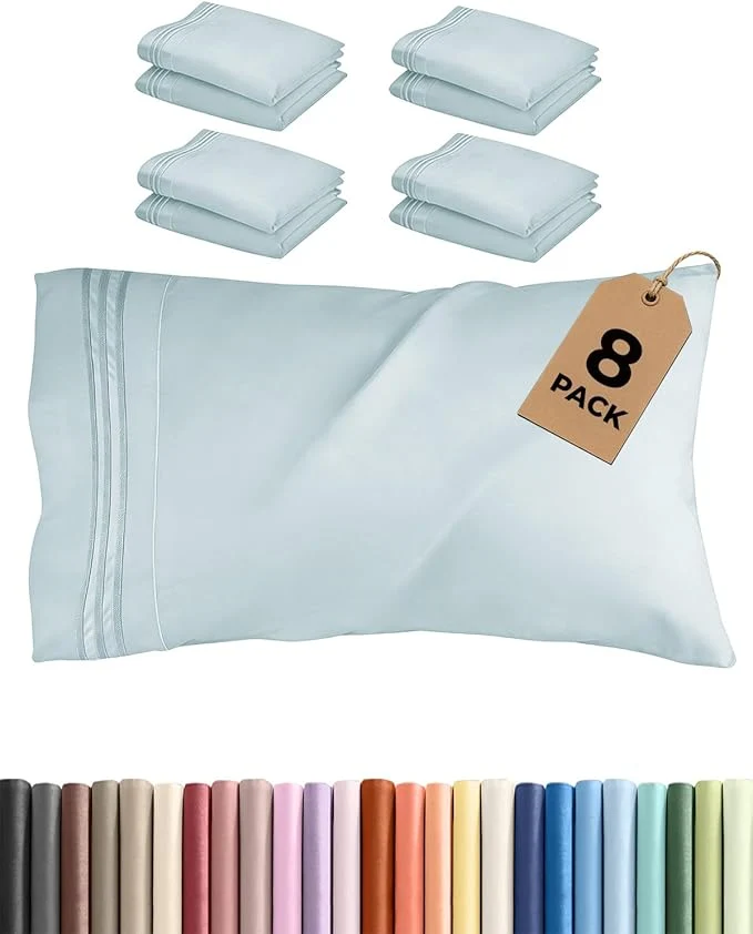 Lightweight King Pillow Cases Set of 8 - Ultra Soft Hotel Quality Pillowcase Covers - Comfy amp Wrinkle - Shrink Stain amp Fade Resistant - Easy-Care Machine Washable Pillow Protectors - 8 Piece Set - Ice Blue Safe
