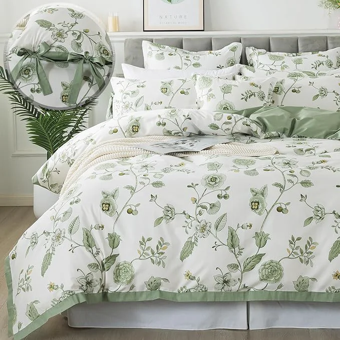 Environmentally Friendly FADFAY Green Duvet Cover Set Queen Floral Bedding Cotton Shabby Vintage Reversible Zipper Farmhouse Comforter Cover Flower Print Bed Covers Girls Pretty Bowknot Soft Breathable 3Pcs World-Class