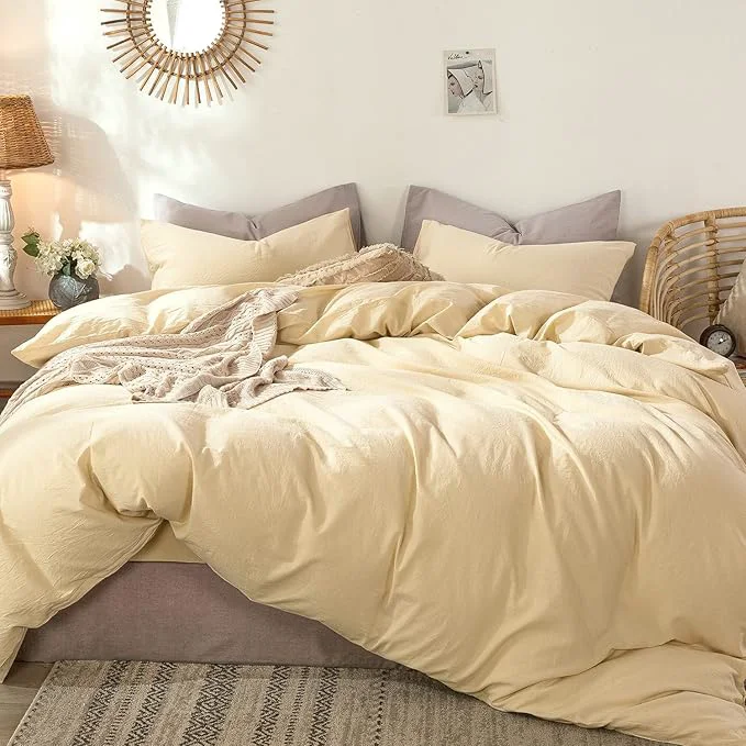 Easy-to-Use MooMee Bedding Duvet Cover Set Washed Cotton Linen Like Textured Breathable Durable Soft Comfy Heathered Light Yellow King 104 quot x90 quot Advanced