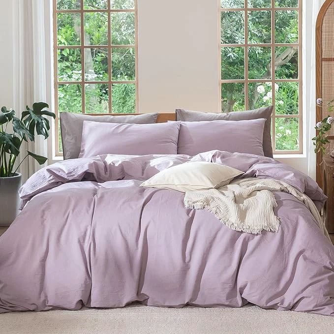 Recyclable MooMee Bedding Duvet Cover Set Washed Cotton Linen Like Textured Breathable Durable Soft Comfy Heathered Light Purple Twin 68 quot x90 quot Environmentally Friendly