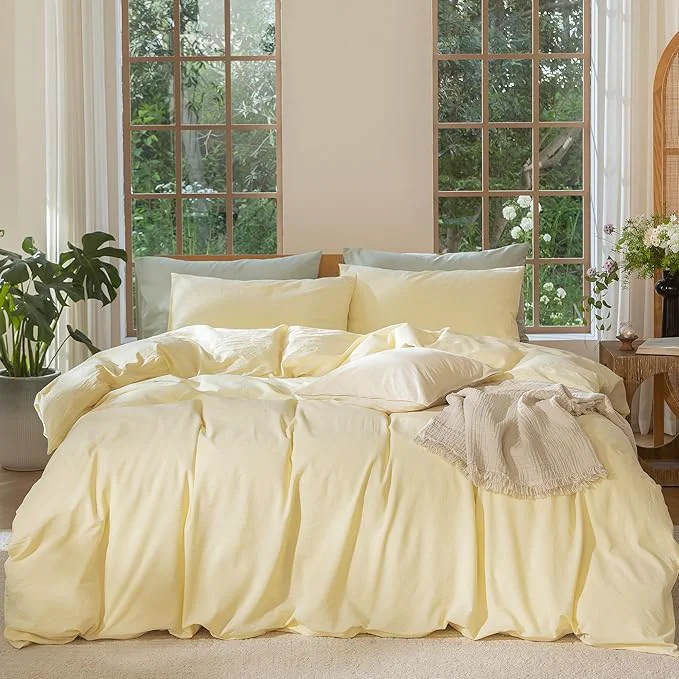 Solid MooMee Bedding Duvet Cover Set Washed Cotton Linen Like Textured Breathable Durable Soft Comfy Heathered Butter Yellow Super Queen 90 quot x98 quot Expertly Made