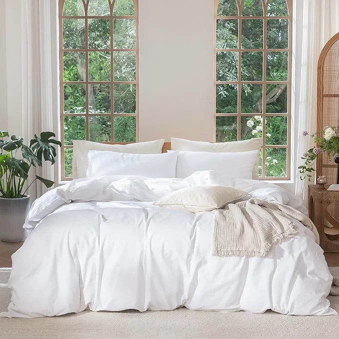 Elite MooMee Bedding Duvet Cover Set Washed Cotton Linen Like Textured Breathable Durable Soft Comfy Solid Bright White Oversized Full 82 quot x86 quot Original