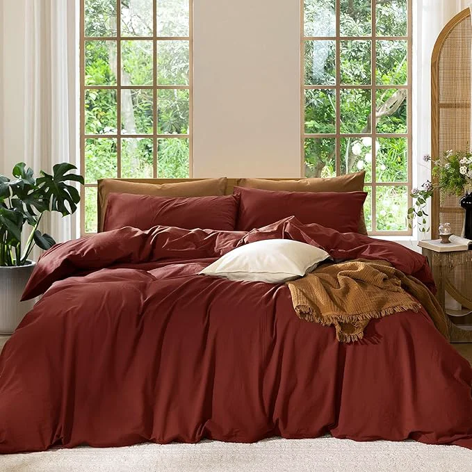 Relaxed MooMee Bedding Duvet Cover Set Washed Cotton Linen Like Textured Breathable Durable Soft Comfy Solid Fired Brick Red Cal King 104 quot x98 quot Verified