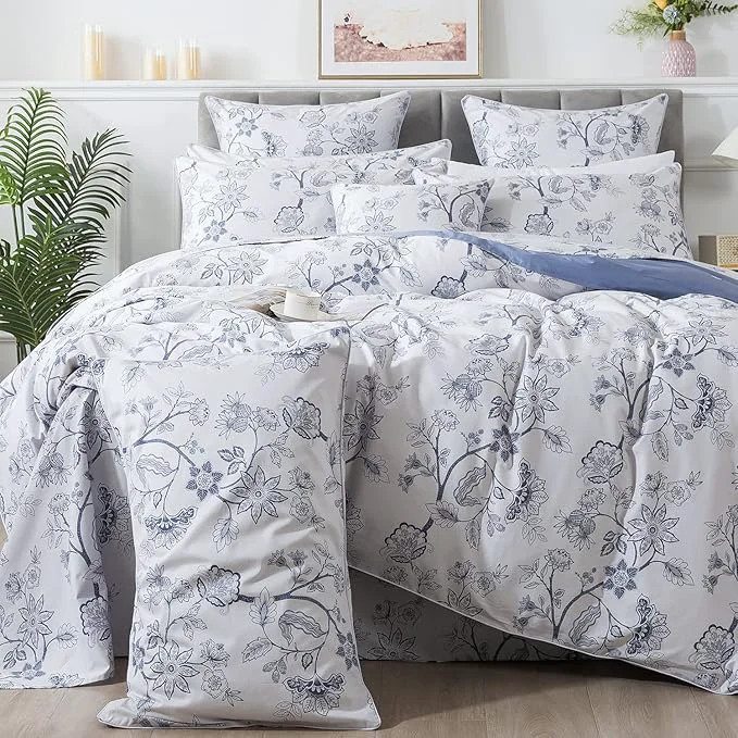 Secure FADFAY Duvet Cover Set Twin Floral Bedding Percale Cotton 600 TC Classical Toile Printed Luxury Reversible Light Blue Shabby Vintage Minimalist Chic Comforter Cover Soft Breathable 3Pcs Fine