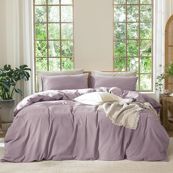 Dependable MooMee Bedding Duvet Cover Set Washed Cotton Linen Like Textured Breathable Durable Soft Comfy Solid Taro Purple Twin 68 quot x90 quot High-Grade