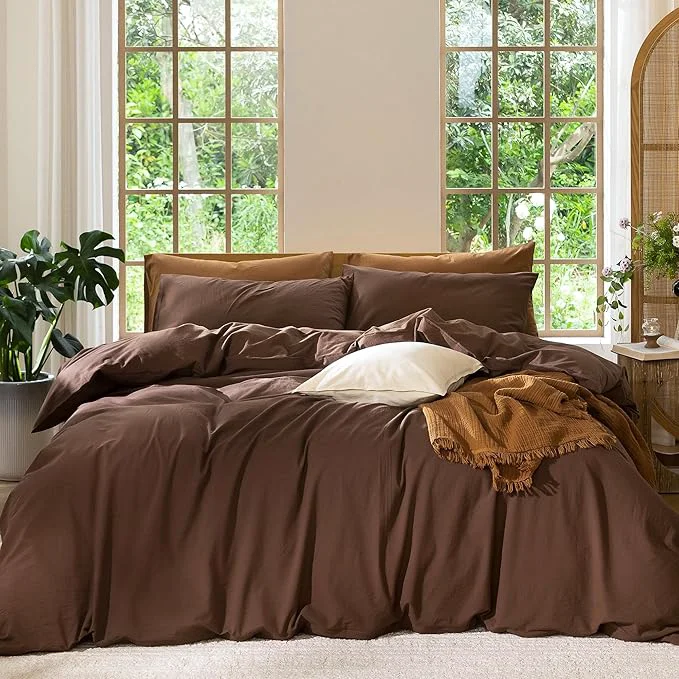Exclusive MooMee Bedding Duvet Cover Set Washed Cotton Linen Like Textured Breathable Durable Soft Comfy Solid Cocoa Brown Queen 90 quot x90 quot Secure