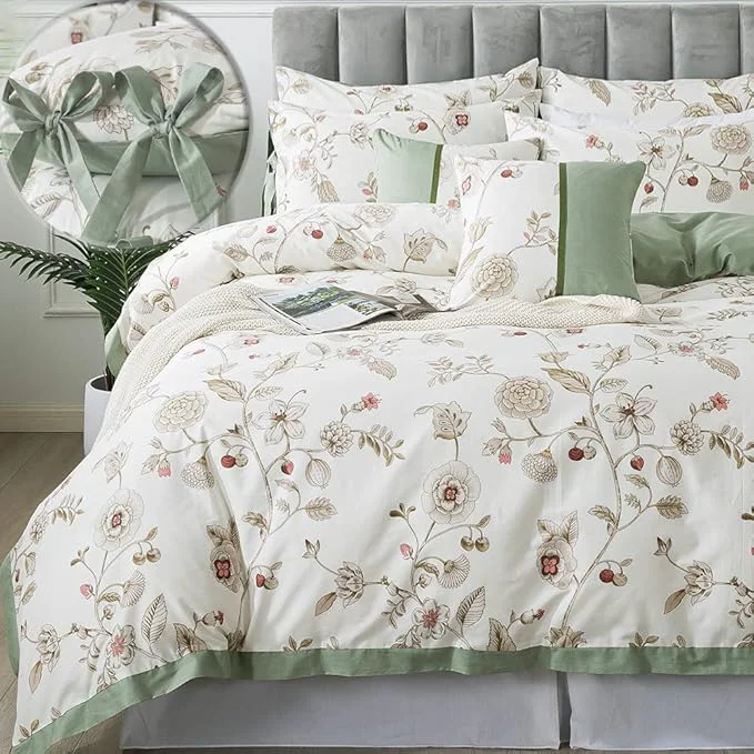 FADFAY Twin XL Duvet Cover Set Floral Bedding Set Cotton College Bedding for Dorm Room Beige Green Reversible Comforter Cover Pink Flower School Students Soft Luxury Shabby 3Pcs Twin Extra Long Natural