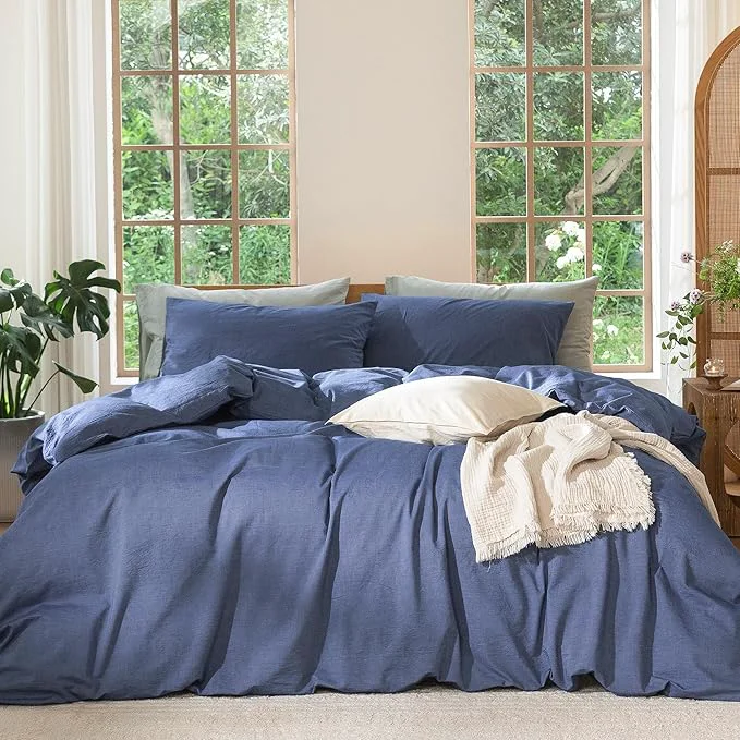 Environmentally Friendly MooMee Bedding Duvet Cover Set Washed Cotton Linen Like Textured Breathable Durable Soft Comfy Heathered Blue Super King 108 quot x98 quot Artisan