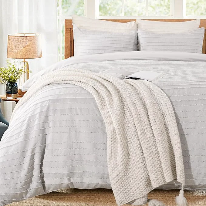 Minimalist NEXHOME PRO Duvet Cover Full Light Grey 3 Pieces Boho Tufted Duvet Cover Set Soft and Lightweight Washed Microfiber Comforter Cover Set for All Season Light Grey Full 80 x 90 -No Comforter Superior