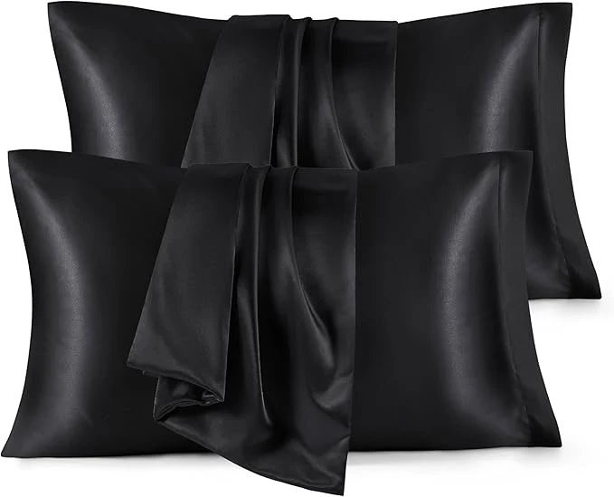 Fashionable Bedsure Satin Pillowcases Standard Set of 4 - Black Silk Pillow Cases for Hair and Skin 20x26 inches Satin Pillow Covers 4 Pack with Envelope Closure Gifts for Women Men Premium