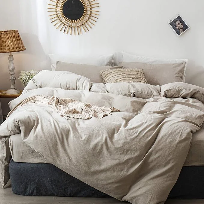 Secure MooMee Bedding Duvet Cover Set Washed Cotton Linen Like Textured Breathable Durable Soft Comfy Heathered Tannish Linen Grey Cal King 104 quot x98 quot Fine Crafted