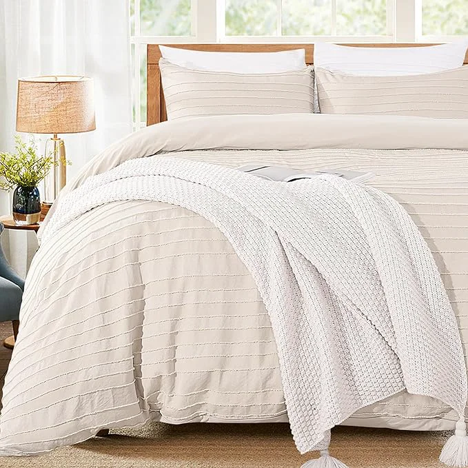 Professional NEXHOME PRO Duvet Cover Queen Beige 3 Pieces Boho Tufted Duvet Cover Set Soft and Lightweight Washed Microfiber Comforter Cover Set for All Season Beige Queen 90 x 90 -No Comforter Effective