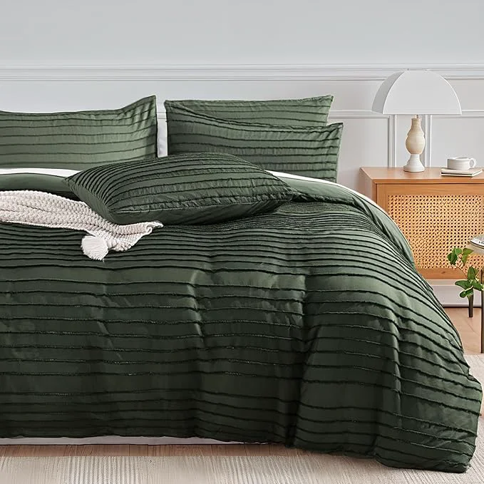 High-End NEXHOME PRO Duvet Cover Queen 3 Pieces Boho Tufted Duvet Cover Set Soft and Lightweight Washed Microfiber Comforter Cover Set for All Season Olive Green 90 x 90 -No Comforter Detailed