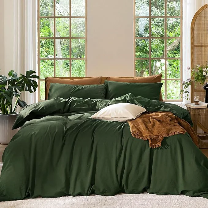 Unique MooMee Bedding Duvet Cover Set Washed Cotton Linen Like Textured Breathable Durable Soft Comfy Solid Forest Green Super King 108 quot x98 quot Fine