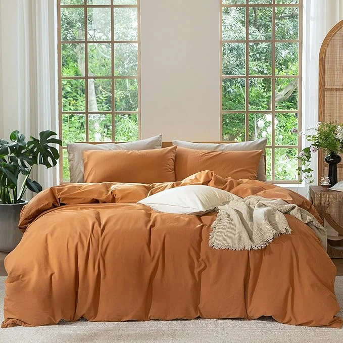 Quality MooMee Bedding Duvet Cover Set Washed Cotton Linen Like Textured Breathable Durable Soft Comfy Solid Burnt Orange King 104 quot x90 quot Detailed