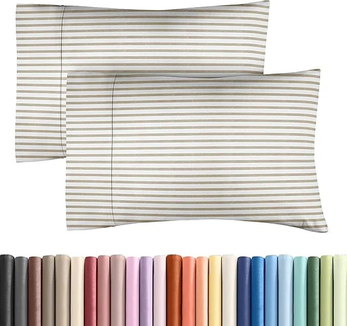 Flexible Queen Pillow Cases Set of 2 - Ultra Soft Hotel Quality Pillowcase Covers - Comfy Cozy amp Wrinkle - Shrinkage amp Fade Resistant - Machine Washable Pillow Protectors - 2 Piece Set - Beige Stripes 2 Artisan