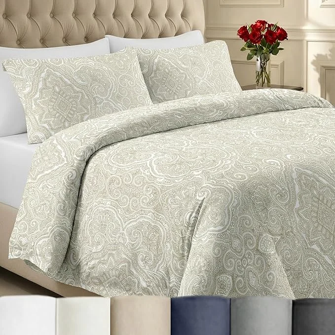 Practical California Design Den Full Queen Size Duvet Cover Set 400 Thread Count Cotton Sateen Comforter Cover amp 2 Pillow Shams Bedding Queen Size Set Button Closure Corner Ties Paisley Beige Trendy