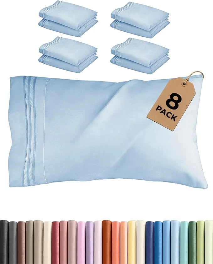 Unique King Pillow Cases Set of 8 - Ultra Soft Hotel Quality Pillowcase Covers - Comfy. Cozy amp Wrinkle - Shrink Stain and Fade Resistant - Machine Washable Pillow Protectors - 8 Piece Set - Light Blue Casual