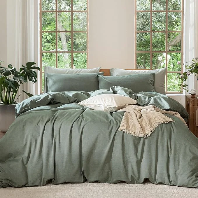 Authentic MooMee Bedding Duvet Cover Set Washed Cotton Linen Like Textured Breathable Durable Soft Comfy Heathered Green Super King 108 quot x98 quot Powerful