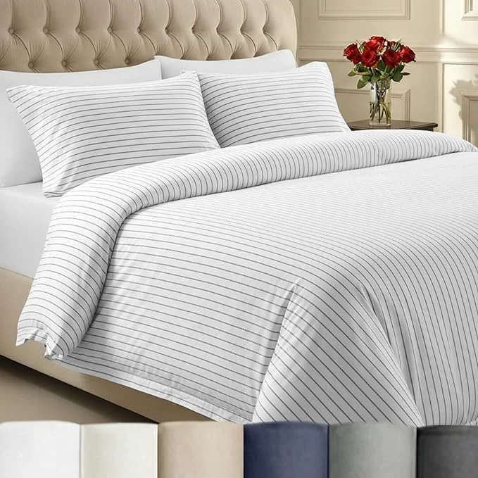 Natural California Design Den Printed Cotton King Duvet Cover Set - 400 Thread Count Sateen Printed Bedding Set with Button Closure and Corner Ties 3 Piece Pinstripe Print Professional