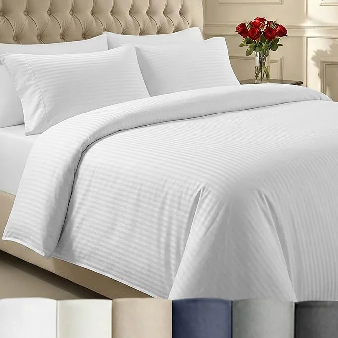 World-Class California Design Den Stripe Duvet Cover Queen Size 400 Thread Count Sateen Cotton Comforter Cover 2 Pillow Shams 3-Pc Bedding Set Button Closure Corner Ties White Stripes Full Queen Authentic