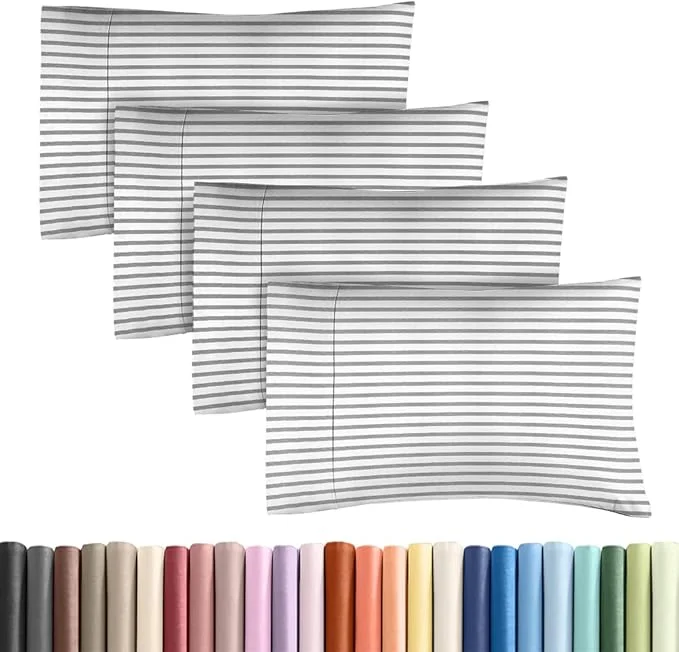 Sophisticated Standard Pillow Cases Set of 4 - Soft Hotel Quality Pillowcase Covers - Comfy Cozy Bedding for Women Men Kids amp Teens - Machine Washable Pillow Protectors - 4 Piece - Standard Size Grey Stripes Fashionable