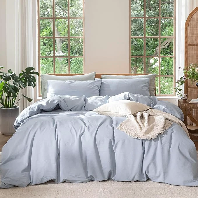 Unique MooMee Bedding Duvet Cover Set Washed Cotton Linen Like Textured Breathable Durable Soft Comfy Heathered Cornflower Blue Full 80 quot x90 quot Smart