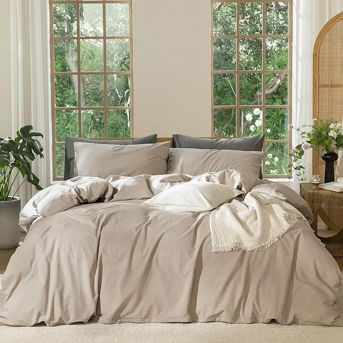 Practical MooMee Bedding Duvet Cover Set Washed Cotton Linen Like Textured Breathable Durable Soft Comfy Heathered Taupe Cal King 104 quot x98 quot Healthy