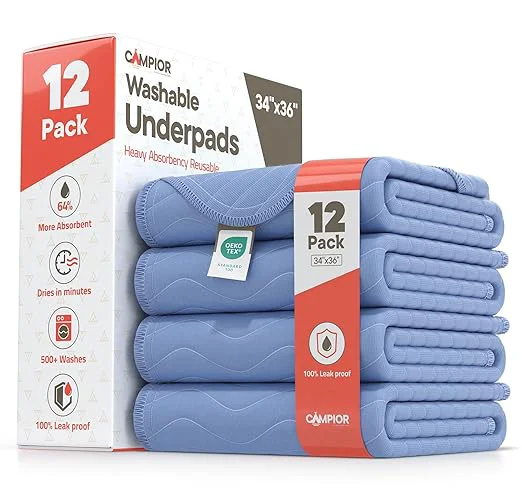 Top-Quality Washable Underpads Large 34 quot x36 quot Pack of 12 – Reusable Waterproof Bed Pads for Adults amp Seniors Extra Heavy Absorbency Incontinence amp Bedwetting Pads Soft Non-Slip TPU Backing Blue. Eco-Friendly