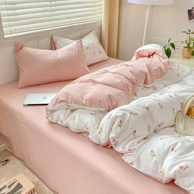 Fast Nayoroom Pink Floral Duvet Cover Twin Size Coquette Tulip Printed on White Reversible Comforter Cover 2Pcs Kids Girls Cottagecore Bedding Set with Zipper Closure Soft Breathable Microfiber Efficient