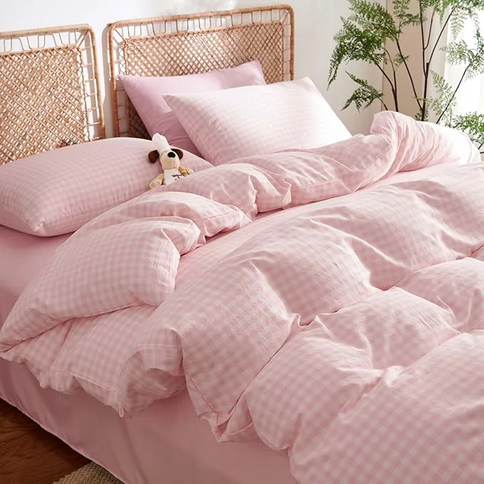 Trendy Nayoroom Gingham Duvet Cover Queen Size Washed Cotton Pink Plaid Checkered Comforter Cover 3 Pcs Soft Breathable Grid Farmhouse Dorm Bedding Set for All Seasons Advanced
