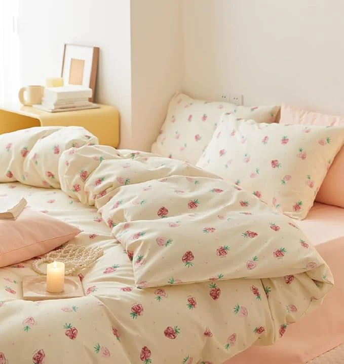 Breathable Nayoroom Strawberry Duvet Cover Set Full Size Girls Cute Pink Strawberries Kawaii Comforter Cover 2 Pieces Soft Lightweight Microfiber Cream White Bedding with Zipper Closure Exceptional