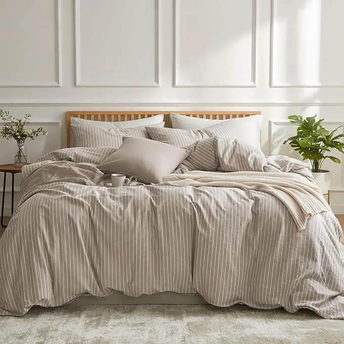 Functional Nayoroom Brown Striped Duvet Cover Queen Size Washed Cotton White Pinstripe Duvet Cover 3 Pieces Soft Breathable Girls Dorm Bedding Set for All Seasons Yarn Dyed Process Crafted