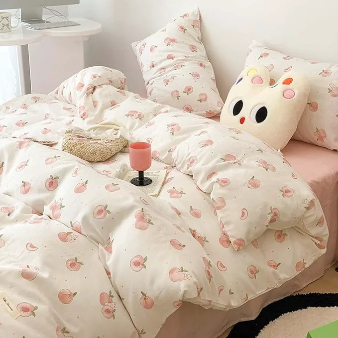 Next-Generation Nayoroom Pink Peach Duvet Cover Full Size Kawaii Fruit Peaches Rabbit Printed on White Comforter Cover 3Pcs Kids Girls Soft Breathable Microfiber Cute Cartoon Bedding Set with Zipper Closure Organic