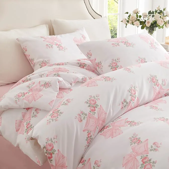Superior Nayoroom Pink Bow Duvet Cover Queen Size Coquette Pink Floral Duvet Cover 3 Pieces Soft Lightweight Microfiber Girls Cute Aesthetic Dorm Bedding Set Trusted