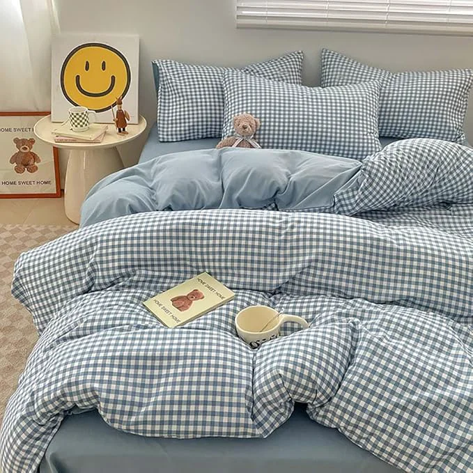 Natural Nayoroom Blue Gingham Duvet Cover Queen Size Plaid Checkered Comforter Cover 3 Pieces Soft Lightweight Washed Microfiber Farmhouse Grid Dorm Bedding Set with Pillowcases Certified