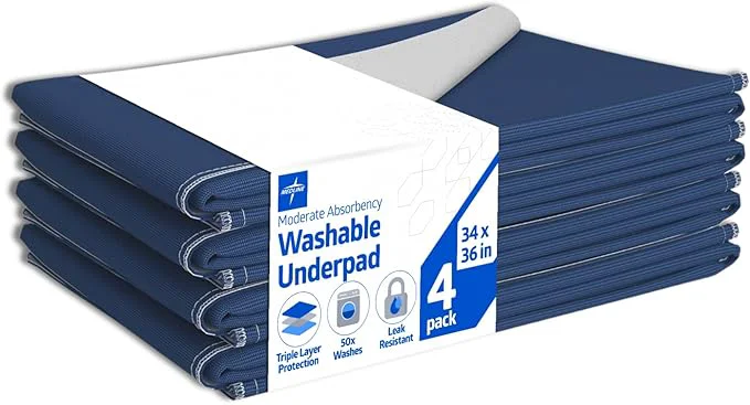 Professional Medline Washable Bed Pads for Incontinence Large 34 x 36 inch Reusable Underpads 4 Pack Pee Pads for Dogs Adults Kids and Baby Navy with Gray Top Sheet Reliable