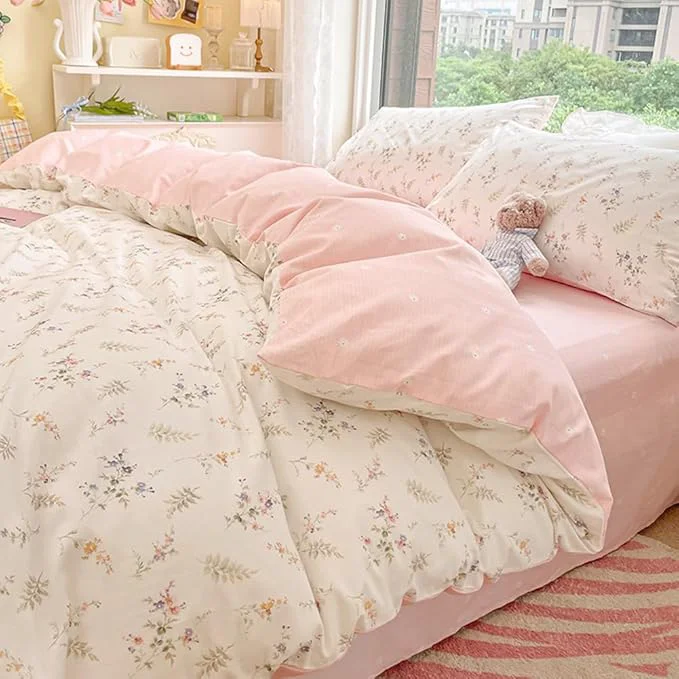 Efficient Nayoroom Floral Duvet Cover Full Size Girls Pink White Botanical Flower Coquette Bedding Set 3 Pieces Soft Breathable Garden Cottagecore Aesthetic Comforter Cover with Pillow Shams Durable