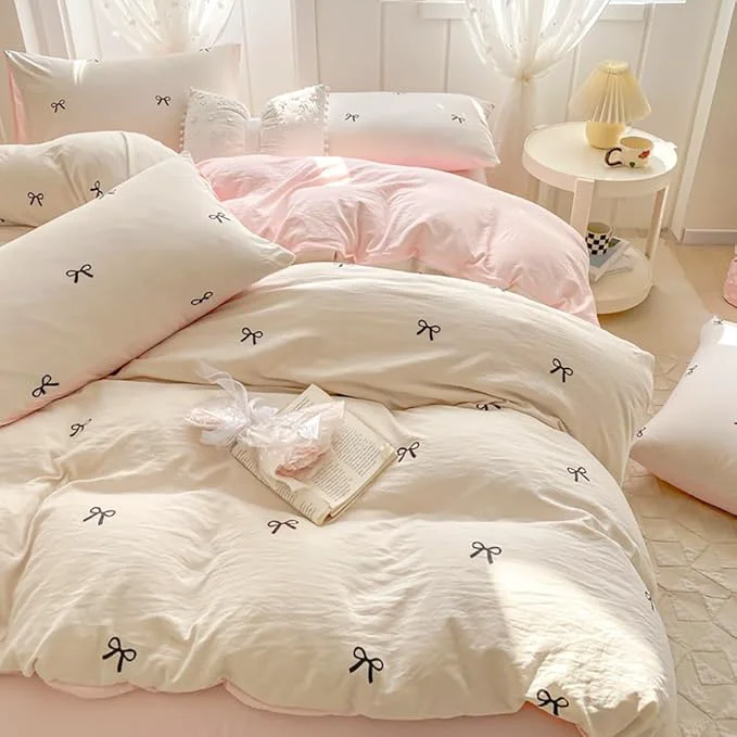 Unique Nayoroom Bow Duvet Cover Queen Size Reversible Pink Coquette Duvet Cover 3 Pieces Soft Lightweight Microfiber Kids Girls Cute Aesthetic Dorm Bedding Set White Pink Detailed