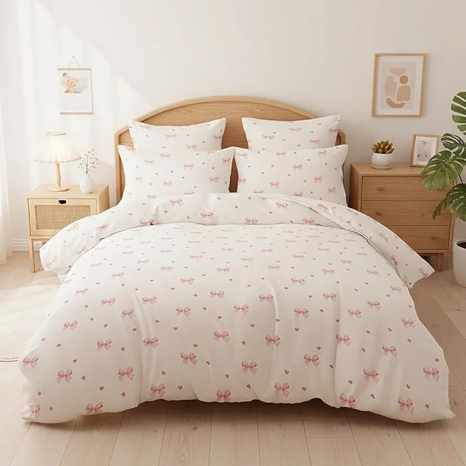 Optimized Nayoroom Pink Bow Duvet Cover Queen Size Coquette Pink Heart Duvet Cover 3 Pieces Soft Lightweight Microfiber Kids Girls Cute Aesthetic Dorm Bedding Set High-Quality