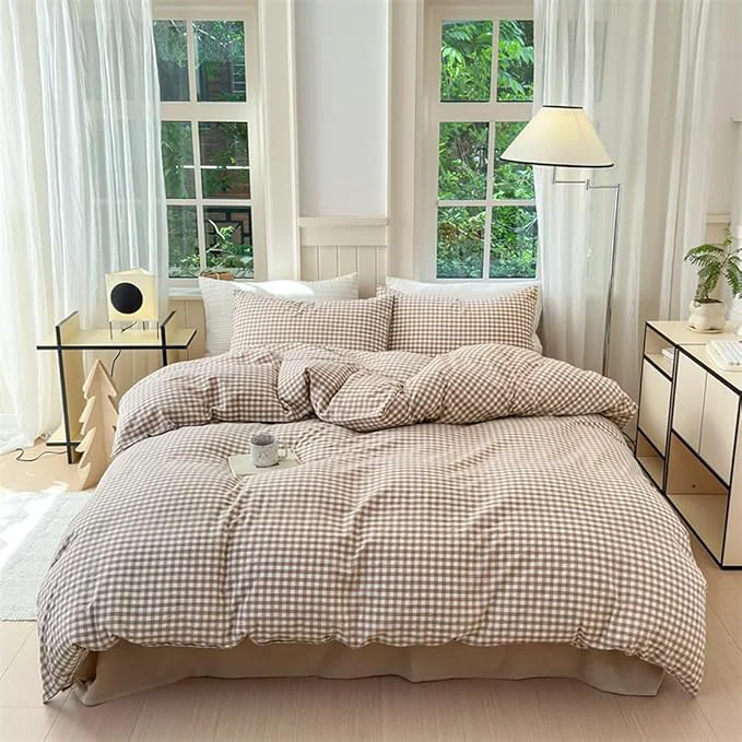 Excellent Nayoroom Brown Gingham Duvet Cover King Size Tan White Plaid Checkered Duvet Cover Grid Dorm Bedding Set 3 Pieces Soft Lightweight Washed Microfiber Farmhouse Bedding with Pillowcases Professional