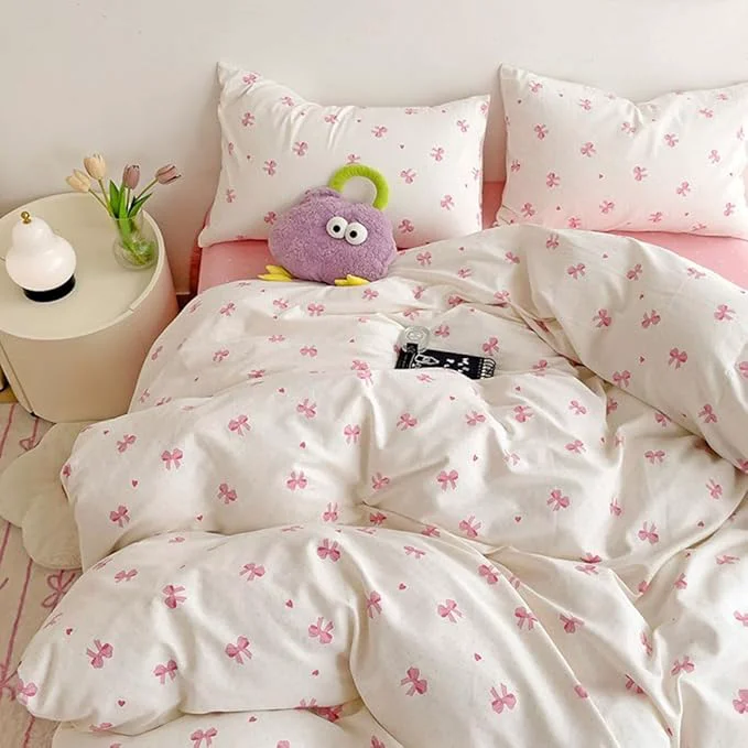Eco-Friendly Nayoroom Pink Bow Duvet Cover Twin Size Heart Bows Printed Coquette Bedding Set 2 Pcs Kids Girls Cute Comforter Cover with Zipper Closure Soft Breathable Microfiber Casual