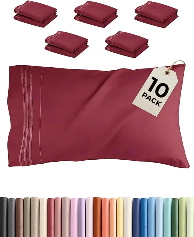 Original Queen Pillow Cases Set of 10 - Ultra Soft Hotel Quality Pillowcase Covers - Comfy Cozy amp Wrinkle - Shrink Stain and Fade Resistant - Machine Washable Pillow Protectors - 10 Pcs Set - Burgundy Traditional