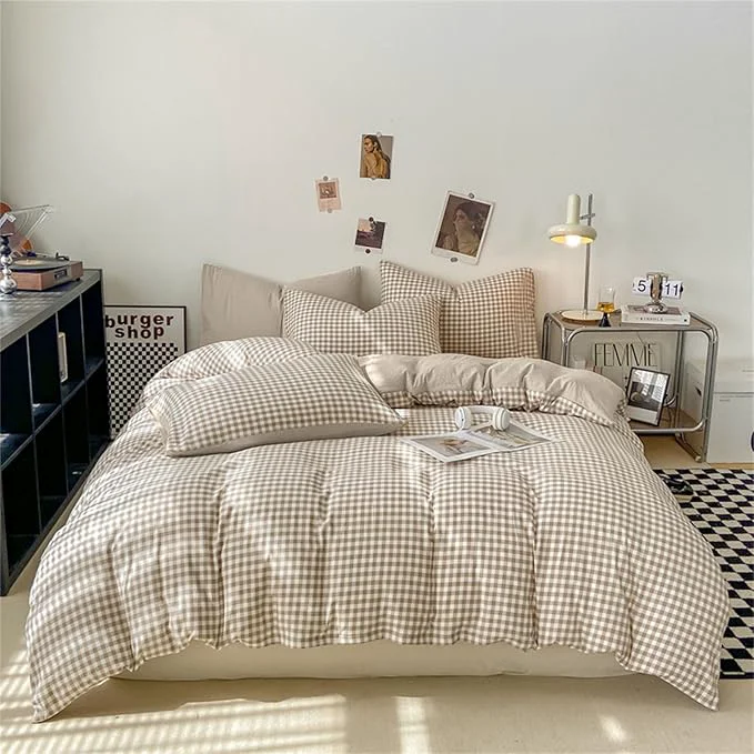 Nayoroom Gingham Duvet Cover Full Size Brown Tan Plaid Checkered Comforter Cover 3 Pieces Soft Lightweight Washed Microfiber Farmhouse Grid Dorm Bedding Set with Pillowcases Effective