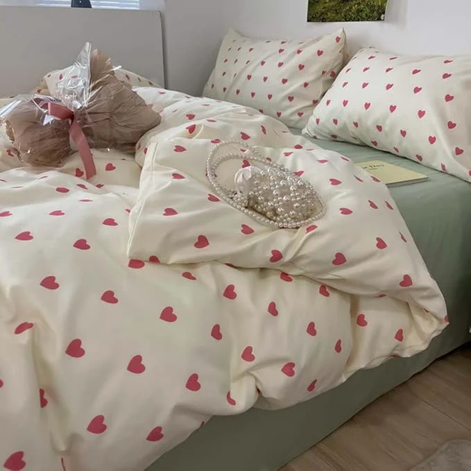 Solid Nayoroom Heart Duvet Cover Full Size Kawaii Pink Heart Printed on Cream White Bedding Set 3Pcs Kids Girls Cute Heart-Shaped Pattern Comforter Cover with Zipper Closure Soft Breathable Microfiber Powerful
