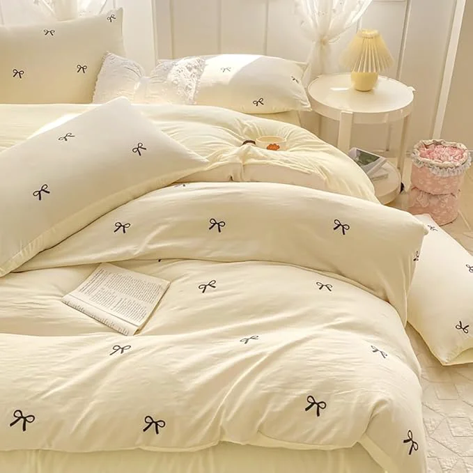 Genuine Nayoroom Bow Duvet Cover Queen Size Reversible Aesthetic Duvet Cover 3 Pieces Soft Lightweight Microfiber Kids Girls Cute Dorm Bedding Set White Yellow Elegant