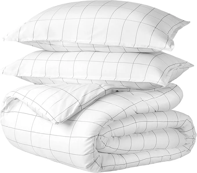 High-Grade Bare Home Duvet Cover - Queen Size Bedding Set - Premium 1800 Super Soft Collection - Lightweight Cooling - Soft Breathable Duvet Cover Queen Grid – White Grey Environmentally Friendly