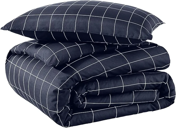 Sophisticated Bare Home Bedding Duvet Cover Extra Long Size - Premium 1800 Super Soft Collection - Lightweight - Soft Textured Bedding Twin Twin XL Grid - Midnight Blue White Clean